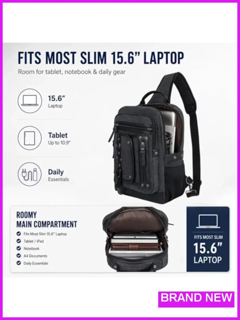 Large Canvas Sling Backpack Crossbody Bag for Men Fits 15.6 Inch Laptop Work